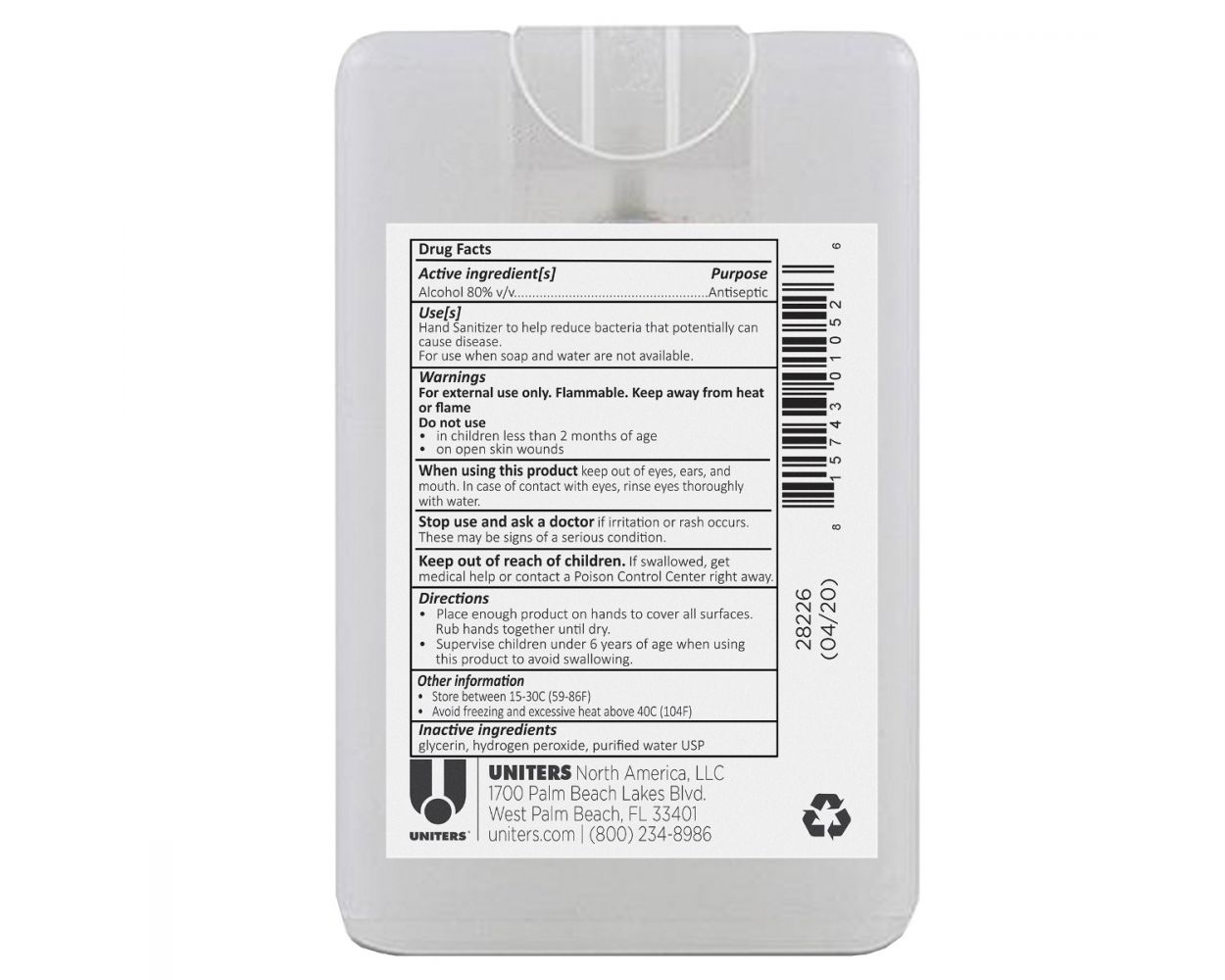 UNITERS Pure + Protected Hand Sanitizing Liquid Pocket Dispenser - 18 ML